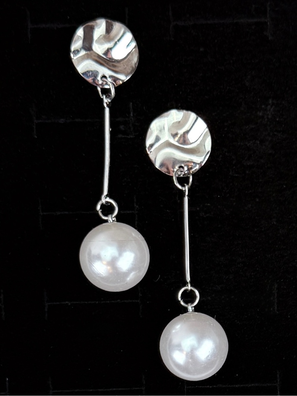Vintage Silvertone Faux Pearl Linear Dangle Pierced Earrings